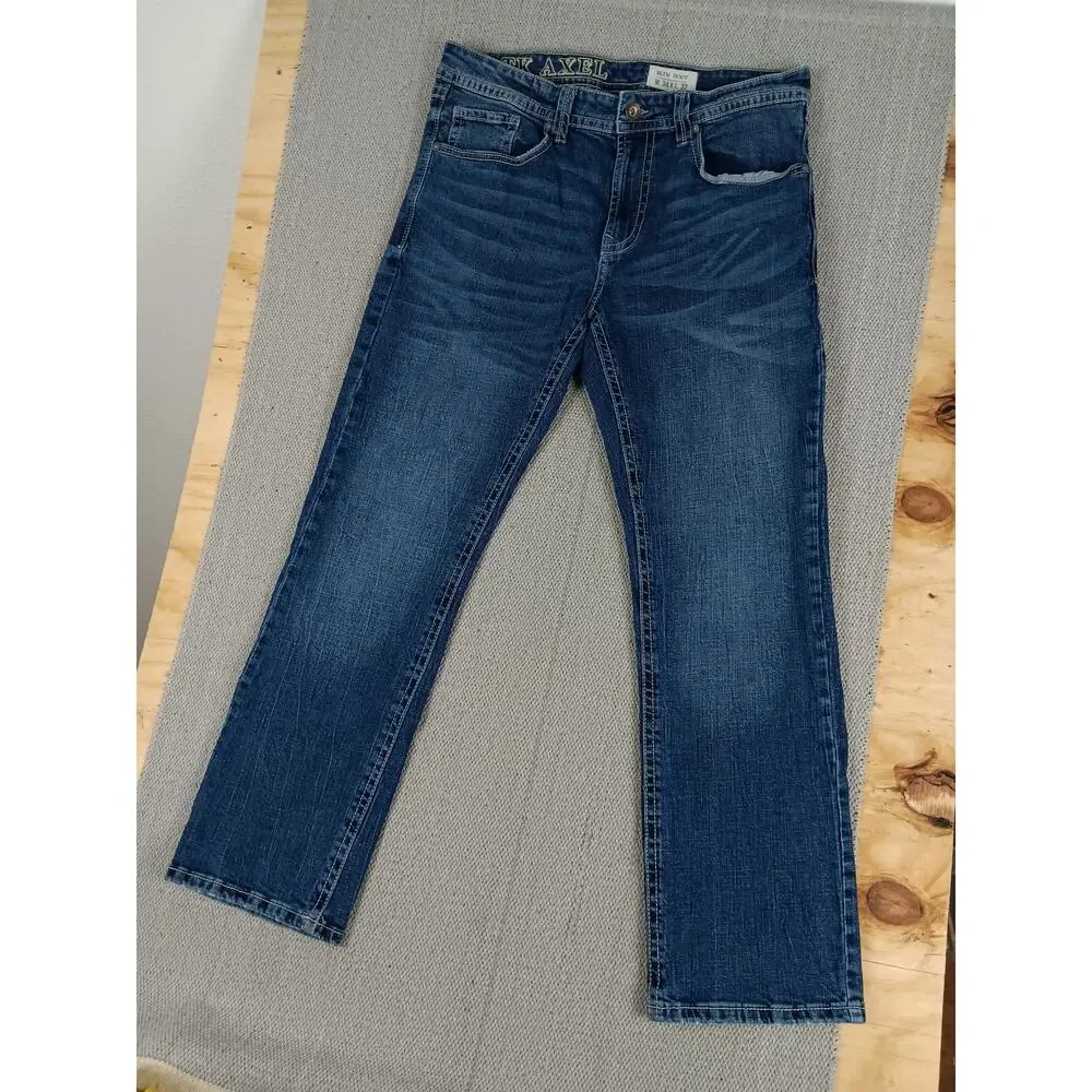 T.K. Axel Slim Boot Jeans Mens 34X31 Blue Embroidered Flaps Western Thick Stitch